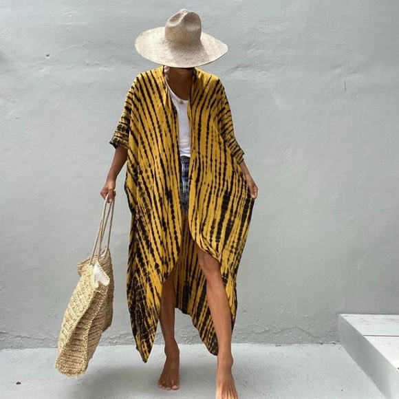 Mustard Yellow Tie Dye Boho Swim Coverup Kimono Robe - Picture 2 of 6